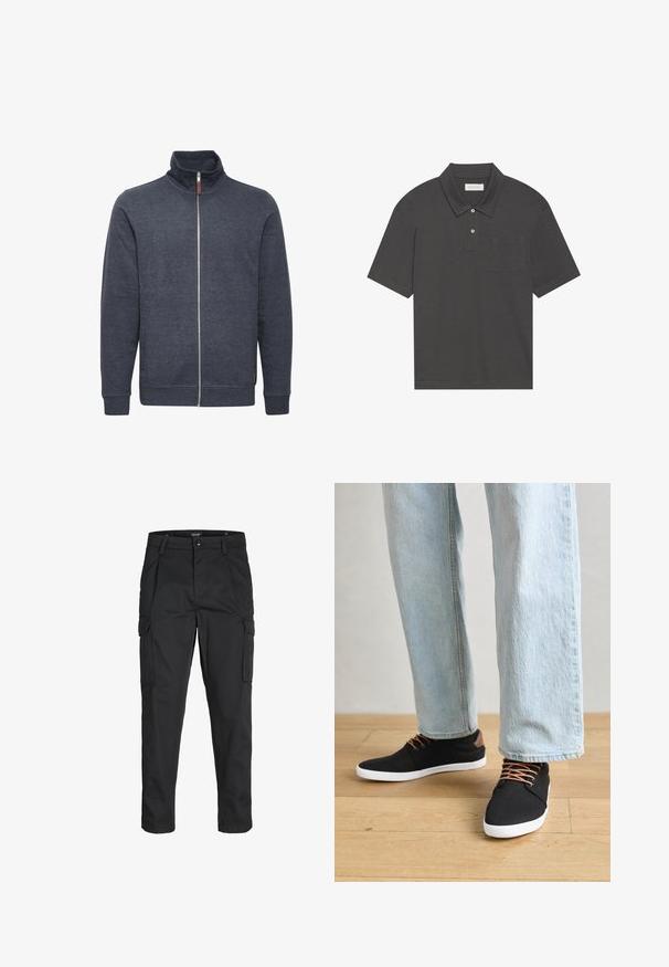 Tamno sivi dukserica s patentnim zatvaračem i visokim ovratnikom, s bočnim džepovima i rebrastim manžetama. Izrađena od mekanog, teksturiranog materijala.; Tamnosivi polo majica s klasičnim ovratnikom, tri dugmeta na prednjem dijelu, kratkim rukavima i džepom na lijevoj strani grudi. Glatka tekstura tkanine.; Crne cargo hlače izrađene od čvrstog materijala, s brojnim džepovima, kopčanjem na gumb i dizajnom koji pomaže da se prilagode tijelu sa suženim nogavicama.; Crne platnene tenisice s smešnim detaljima, bijelim gumiranim potplatima i smešnim čipkama, u kombinaciji s svijetloplavim ravnim trapericama. Pozadina od drvenog poda.