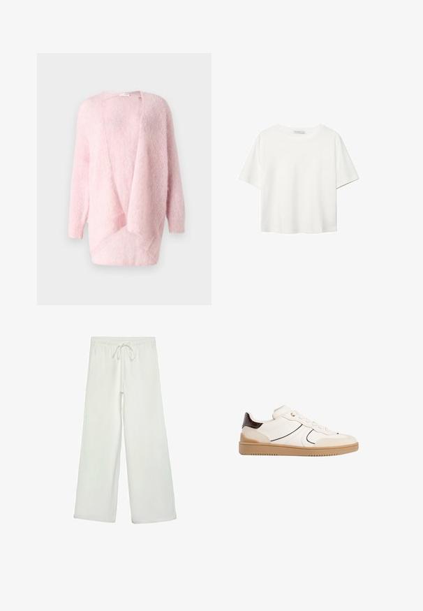 Ljusrosa stickad kofta, öppen fram, långa ärmar, mjuk textur, draperad design med avslappnad passform. Inga stängningar eller dekorationer.; Vit t-shirt med kort ärm i bomull. Har en rundad halsringning och en avslappnad passform. Slät textur utan synliga mönster eller detaljer.; Vita vida byxor i mjukt tyg. Har en elastisk midja med dragsko och en slät yta. Inga synliga mönster eller metalldetaljer.; Stradivarius Sneakers - white