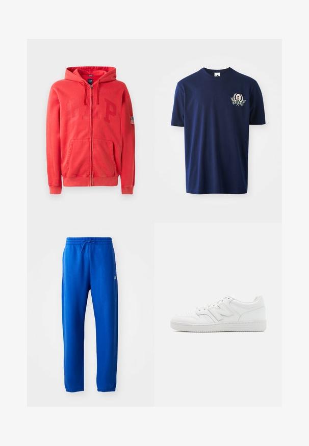 Sweatshirt vermelho com fecho e um grande logo "GAP" em relevo na parte da frente, além de um pequeno emblema da bandeira americana na manga esquerda. Material em mistura de algodão.; T-shirt de algodão azul marinho com mangas curtas, gola redonda e logótipo bordado com detalhes de louros no lado esquerdo do peito.; Calças de fato de treino azuis feitas de um tecido suave, com uma cintura elástica com cordão, pernas ajustadas e um pequeno detalhe de logotipo na lateral.; Sapatilha branca feita de couro liso, com bico perfurado, sola de borracha texturizada, atacadores planos e um destacado logotipo 'N' na lateral.