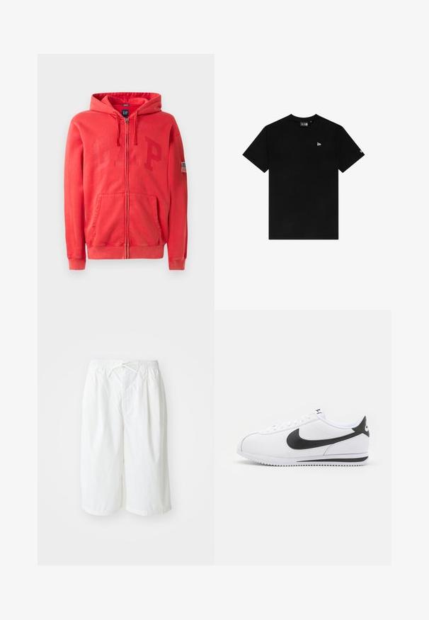 Sarkans zip-up džemperis ar lielu, diskrētu iepresēto "GAP" logo priekšpusē un mazu Amerikas karoga plāksteri uz kreisā piedurknes. Auduma sastāvs ir kokvilnas maisījums.; Melnas kokvilnas T-krekls ar apaļu kakla izgriezumu, īsām piedurknēm, ar mazu baltu logo kreisajā krūtī un bez papildus rakstiem vai akcentiem.; Bianchi šorti ar elastīgu jostu un auklu, izlikti uz vienkārša, gaiša fona. Piemēroti ikdienai vai siltam laikam.; Baltas ādas tenisa apavi ar melno Nike swoosh, plakaniem šņorēm un teksturētu gumijas zoli. Apaļo pirkstu forma un mīksts apkaklīte komfortam.