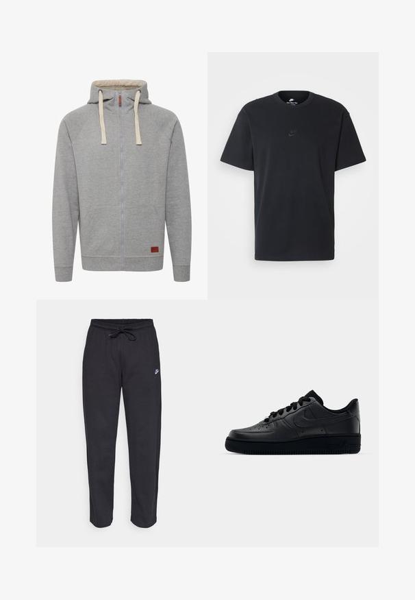 Grå zip-up hoodie med forret hætte, beige snore, frontlommer og et lille læderlogo på nederste venstre side.; Nike sort bomulds t-shirt med en klassisk rund hals, korte ærmer og et diskret, præget logo på brystet. Glat tekstur.; Sorte sweatpants lavet af blødt stof med elastisk talje, snøre og et lille Nike-logo på venstre lår.; Sort Nike Air Force 1 sneaker med en glat læderoverdel, perforeret tå for åndbarhed, sorte snørebånd og en textured gummisål.