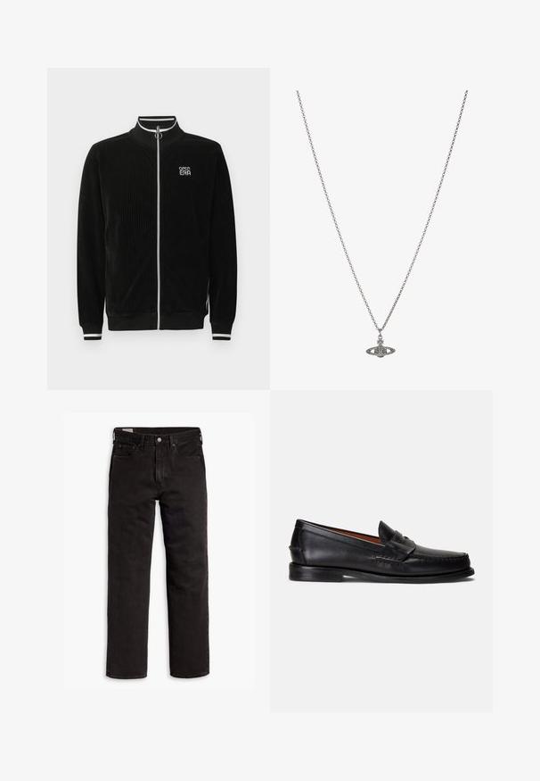 Melna kordurojas rāvējslēdzēja jaka ar baltām svītrainām apkaklēm un aprocēm, sudraba gredzena rāvējslēdzēju un "OPEN ERA" logotipu krūtīs.; Melnas kokvilnas T-krekls ar apaļu apkakli un īsām piedurknēm. Iekļauj diskretu priekšējo logotipu un taisnu apakšmali. Vienkāršs un minimālistisks dizains.; Melnas taisnās kājas džinsu bikses ar piecām kabatām, pogu aizdari un jostas cilpām, izliktas uz balta fona.; Melni ādas loaferi ar gludu apdari, apaļu purngalu un dekoratīvu joslu pāri augšdaļai. Aprīkoti ar zemu melnu zolīti.; Sudraba ķēdes kaklarota ar detalizētu piekariņu, kas veidots planētas formā, kas rotāta ar maziem akcentiem un sarežģītiem rakstiem.