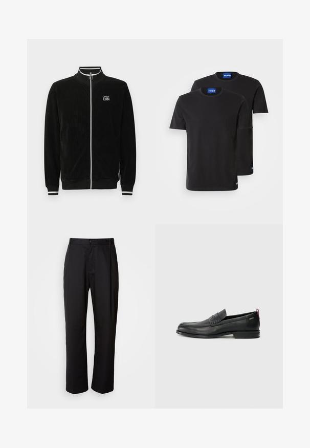 Črna žametna jakna z zadrgo, z belimi črtastimi ovratnikom in manšetami, srebrnim zadrževalnim obročkom ter logotipom "OPEN ERA" na prsih.; Dve črne bombažne majice s kratkimi rokavi in okroglim izrezom, z modrimi oznakami "HUGO" na ovratnikih in stranskih robovih.; Črne hlače s ravnim krojem, izdelane iz lahkega materiala. Imajo sprednje zapiranje na gumb in dva stranska žepa; gladka tekstura.; Črne usnjene loafer čevlje z teksturiranim sprednjim delom in gladkimi stranmi. Imajo ozko peto in zadnji zanko za enostavno obuvanje. Klasična zasnova.