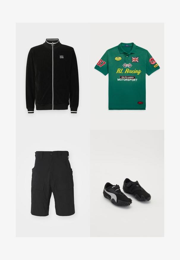 Juodas kordurovas užsegamas užtrauktuku šviesiai dryžuotu apykakle ir rankogaliais, sidabriniu žiediniu užtrauktuku ir „OPEN ERA“ logotipu krūtinėje.; Žalias polo marškinėliai, pagaminti iš medvilnės, su raudonais ir geltonais siuvinėtų emblema, įskaitant Britanijos vėliavą ir tekstą "RL Racing" priekyje.; Juodi cargo šortai, pagaminti iš lengvos medžiagos, su daug kišenių, sagos uždarymu ir laisvu, iki kelių siekiančiu kirpimu.; Juodi sportiniai bateliai su tekstūruotais padais, elegantiška siluetu ir pilkais akcentais; turi saugų užsegimo dirželį ir raištelių uždarymą.