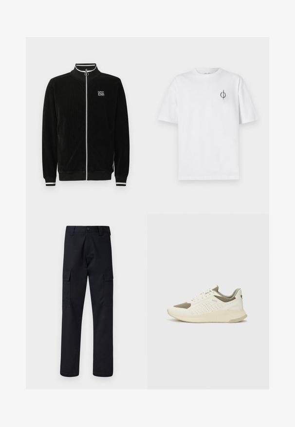 Veste zippée en velours côtelé noir avec col et poignets à rayures blanches, fermeture éclair à anneau argenté, et logo "OPEN ERA" sur la poitrine.; T-shirt en coton blanc avec une coupe décontractée, présentant un petit logo graphique noir sur le côté gauche de la poitrine. Manches courtes, col rond.; Pantalons cargo noirs en tissu résistant, avec une coupe droite, deux poches latérales et une fermeture à bouton à la taille.; Basket de sport blanche et beige clair, avec une tige en maille, des détails perforés et une semelle intermédiaire texturée avec un logo sur le talon.