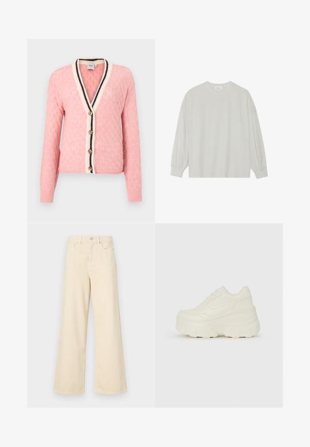 Roza adīta kardigāna ar strukturētu dimanta rakstu, V veida kakla izgriezumu, krēmkrāsas un brūnas ribas apmali, kā arī apaļām pogām priekšpusē.; Gaišpelēka garām piedurknēm t-krekls, kas izgatavots no mīkstas kokvilnas. Iezīmē vaļīgu piegriezumu, apaļu kakla izgriezumu un viegli saplacinātas piedurknes. Nav rakstu vai grafikas.; Bežīgas platpēdas džinses, izgatavotas no kokvilnas. Iekļauj pogu aizdari, jostas cilpas un priekšējos kabatas ar gludu, mīkstu tekstūru.; Baltie platformas sporta apavi, kas izgatavoti no gludas mākslīgās ādas, ar noapaļotu formu, mīkstu apkakli un teksturētu gumijas zoli ar izteiktiem rakstiem.