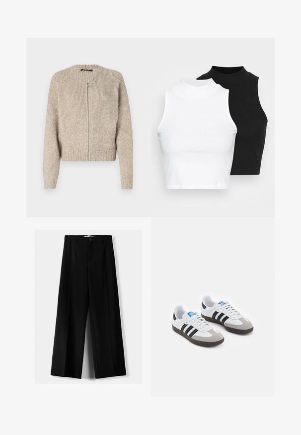 Gina Tricot Kardigán - beige melange; Két ujjatlan, bordázott garbós top fekete és fehér színben, testhezálló kialakítással és sima textúrával, rövidített hosszal.; Fekete, bő szárú nadrág, könnyű anyagból, elöl gombos záródással és sima elfröccsenésű fazonnal, szépen varrott szegélyekkel.; Fehér bőr felsőrészes sportcipő, szürke velúrból készült orral és három fekete csíkkal. Jellemzője a kék logó a nyelvén és egy texturált gumitalp.