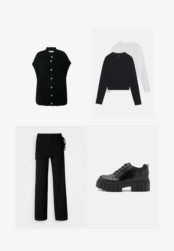 Studio Untold EXTRA WEICH - Kofta - black; Två långärmade skjortor: en svart och en vit. Båda har rund halsringning, raglanärmar och är tillverkade av en mjuk bomullsblandning.; Svarta vida byxor i en strukturerad, lättviktsartikel. Har en lager-på-lager, asymmetrisk midja som är knuten på sidan.; Svarta läderplattformsskor med en kraftig blockklack, rund tå och traditionell snörningsdesign. Har en slät textur och minimal detaljering.