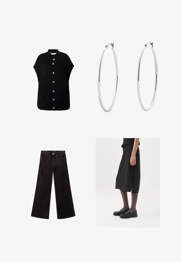 Studio Untold EXTRA WEICH - Neuletakki - black; Harmaa ribattua hihattomaa tanktoppi, jossa on pyöreä pääntie. Pehmeä materiaali ja ihonmyötäinen malli, sopii rentoihin asuihin tai kerroksellisiin vaihtoehtoihin.; Mustat corduroy-laajakankaiset housut, joissa on korkea vyötärö, etutaskut ja teksturoitu kangas, varustettu nappikiinnityksellä ja vyölenkeillä.; Mustat polvenpituinen hame, jossa on sivuaukko, yhdistettynä mustiin loafer-kengiin ja ohuisiin ruskeisiin sukkahousuihin. Hameessa on sileä kangas ja yksinkertainen muotoilu.; Hopehope hopehope hopehope hopehope hopehope, joka on sileä ja kiillotettu pinta ja ohut, pyöreä muoto. Muotoilu sisältää turvallisen lukituksen.