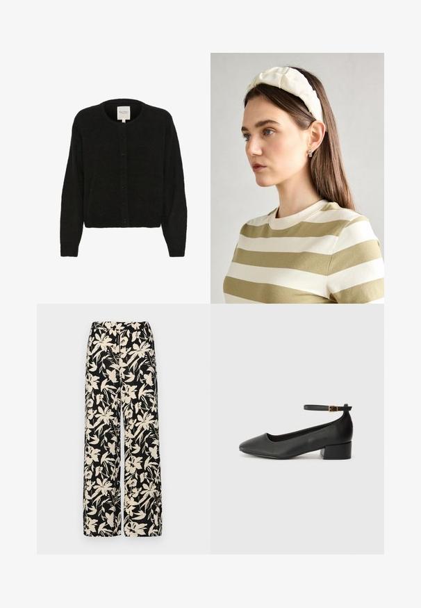 Part Two LINIKA - Kardigán - black; Fekete, rövid ujjú felső sima anyagból, peplum fazonnal és övvel a deréknál, két kerek, ezüst árnyalatú gombbal.; Fekete, bő szárú nadrág krém színű virágmintával. Könnyű anyagból készült, sima tapintású és magas derékrésszel rendelkezik.; Fekete bőr magassarkú cipő hegyes orral és alacsony tömb sarkal. Bokapánttal rendelkezik, aranyszínű csattal. Simább textúra.; Krém színű párnázott fejpánt csavaros kivitelezéssel, bézs és fehér csíkos pólóval párosítva, kerek nyakkivágással. Diszkrét ékszer kiegészítők.