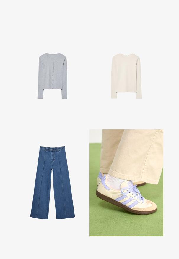 Graue langärmlige Strickjacke aus weichem Material, mit Rundhalsausschnitt, Knopfverschluss und cropped Saum. Sanfte Textur und taillierte Passform.; Hellbeige Langarmshirt aus weichem Stoff, mit Rundhalsausschnitt und lockerer Passform, geradem Saum und minimalen Nähdetails.; Weite Jeans aus Denim in Mittelblau, mit hoher Taille, Knopfverschluss und kontrastierenden vertikalen Nahtdetails an der Vorderseite.; Cremefarbene und lavendelfarbene Sneakers mit drei Streifen und einer strukturierten braunen Sohle, ausgestattet mit Schnürsenkeln und einer gepolsterten Ferse. Obermaterial aus weichem Stoff.