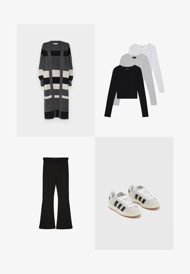 Szürke, hosszú kardigán fekete és krémszínű függőleges csíkokkal. Nyitott elülső rész, széles ujjak és laza szabás jellemzi. Puha tapintású.; Három hosszú ujjú póló egymásra rakva: fekete, szürke és fehér. Mindegyiknek kerek nyaka van, és rövidített fazonnal rendelkezik, sima, könnyű anyagból készült.; Fekete trapéz leggings rugalmas anyagból készült. Széles derékpánttal és sima textúrával rendelkezik, illeszkedő sziluettje van, amely a szegélyen kigyullad.; Szürke velúr sportcipők fehér fűzővel, fekete csíkokkal és fehér gumitalppal. A nyelvén kör alakú logó található, illetve a talpa színes gumi.