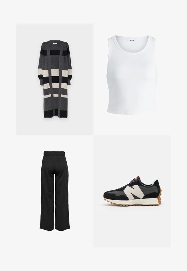 Grå lang cardigan med svarte og kremfargede vertikale striper. Har åpen front, brede ermer og en avslappet passform. Myk tekstur.; Hvit ribbestrikket tank topp med rund hals, uten ermer og croppe lengde. Merket leser "JJXX." Glatt stoff tekstur.; Svarte, vide bukser med elastisk midje, laget av glatt stoff. Har et rent design uten lommer eller synlige sømmer.; Sorte og grå sued sneakers med et stort cremefarvet "N" logo, lilla snørebånd og en tekstureret gummisål.