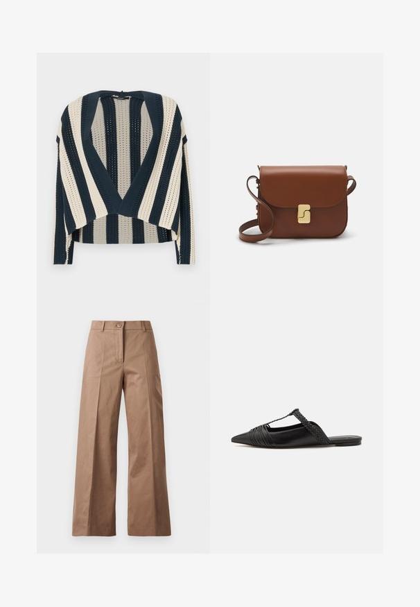 Pletený kardigán s námorníckymi a krémovými vertikálnymi pruhmi, otvorený predný dizajn, skrátená dĺžka a textúrovaný vzor stehu.; Károvaná košeľa so štruktúrovaným golierom, s modrými, béžovými a ružovými vzormi, dlhými rukávmi a čiernymi gombíkmi na prednej strane.; Hnedé nohavice s širokými nohavicami vyrobené z hladkej látky, s predným zapínaním na gombík, dvoma prednými vreckami a čistými, precízne vykrojenými líniami.; Čierne kožené sandále so špičatou špičkou, ktoré majú tkaný detail a zborený dizajn vrchnej časti. Plochá podrážka s minimálnym hardvérom.; Hnedá kožená kabelka s klopou, zlatými kovovými prvkami, ramenným popruhom a hladkým povrchom. Kompaktný obdĺžnikový tvar.