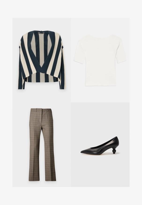 Cardigan tricotat cu dungi verticale în nuanțe de bleumarin și crem, design deschis în față, lungime scurtă și model de cusătură texturată.; Top scurt cu mânecă scurtă, alb, cu decolteu larg. Textura are dungi verticale, evidențiind o potrivire strânsă și un design simplu.; Pantaloni în carouri maro, cu un croi drept, având un material texturat și nuanțe subtile de bej și maron închis în întregul model.; Pantofii cu toc înalt din piele neagră, cu vârf ascuțit și toc rotund, mimos. Textură netedă, cu un design elegant și minimalist.