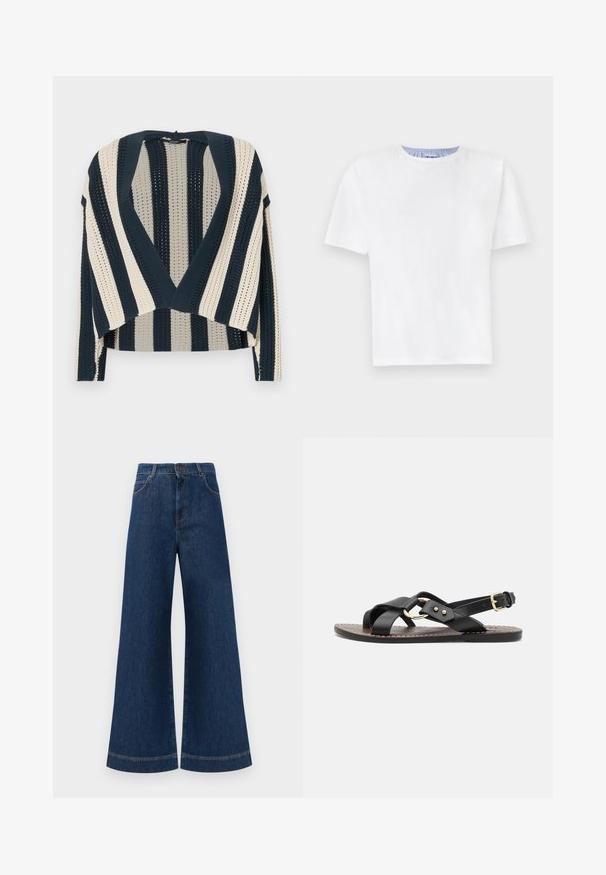Kötött kardigán tengerészkék és krémszínű függőleges csíkokkal, nyitott elülső dizájnnal, rövidített hosszal és texturált mintázattal.; Fehér pamut póló kerek nyakkivágással. Rövid ujjakkal és kék csíkkal rendelkezik a belső nyakkivágásnál. Puha tapintású, normál szabású.; Magas derekú, széles lábú kék farmernadrág, gombos záródással, övhurkokkal és diszkrét varrási részletekkel a zsebeknél és a szegélyeknél.; Fekete bőr szandál keresztbe futó pántokkal és arany színű kör alakú díszítéssel. Lapos talp és csat a bokán.