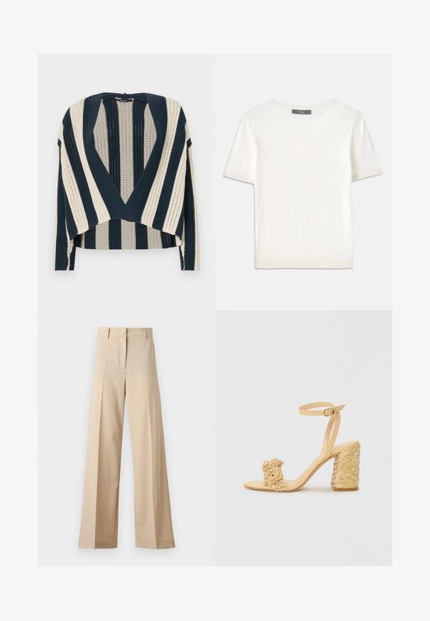 Pletený kardigán s námorníckymi a krémovými vertikálnymi pruhmi, otvorený predný dizajn, skrátená dĺžka a textúrovaný vzor stehu.; Biele krátke rukávy pletené tričko s okrúhlym výstrihom, ktoré má jemnú textúru a nenápadné rebrované detaily na rukávoch a leme.; Béžové široké nohavice vyrobené z hladkej tkaniny, s plochým predným dielom s skladmi, zipsom a pútkami na opasok. Celkový strih je upravený.; Béžové sandále na vysokom podpätku s opletenou textúrou, ozdobené kvetinou a popruhom na členku. Štvorcová päta zvyšuje stabilitu.
