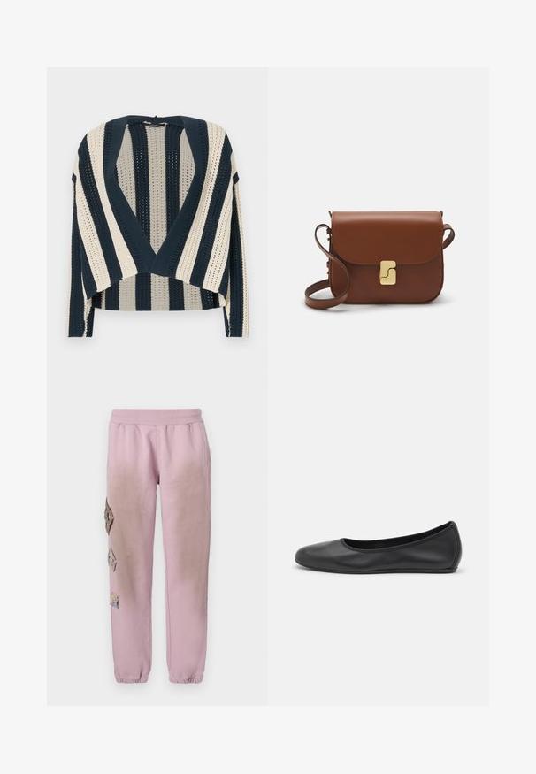 Pletený kardigan s námořnickými a krémovými svislými pruhy, otevřený přední design, zkrácená délka a texturovaný vzor.; Bílá tričko s krátkým rukávem vyrobené z žebrované tkaniny. Kulatý výstřih, normální střih a jemné detaily šití. Bez vzorů nebo grafik.; Růžové tepláky s elastickým pasem, které mají dekorativní nášivky ve tvaru diamantů na levé straně a elastické manžety u kotníků.; Černé kožené baletní byty s kulatou špičkou, hladkou texturou, minimálními švy a flexibilním designem podrážky.; Hnědá kožená kabelka s klopou, zlatými kovovými detaily, ramenním popruhem a hladkým povrchem. Kompaktní obdélníkový tvar.