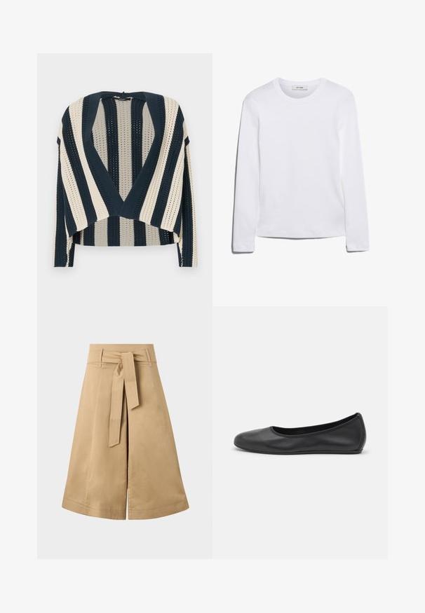 Knit cardigan featuring navy and cream vertical stripes, open front design, cropped length, and textured stitch pattern.; Long-sleeve white T-shirt made of ribbed cotton, featuring a round neckline and a straight hem. Simple design with no patterns or accents.; Khaki midi wrap skirt with a tie belt, made of lightweight cotton, featuring a flared silhouette and visible stitching details.; Black leather ballet flat with a rounded toe, smooth texture, minimal stitching detail, and a flexible sole design.