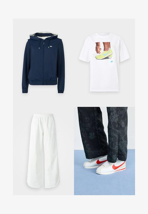 Giacca felpa blu navy con zip frontale, vita elastica, strisce laterali e cappuccio regolabile con cordino. Tessuto liscio, senza motivi.; T-shirt bianco in cotone con una grafica di piedi che indossano scarpette Nike gialle con dettagli blu, abbinato a un braccialetto al polso sinistro.; Pantaloni sportivi bianchi a gamba larga con vita a coste e delicato dettaglio del logo. Tessuto liscio con vestibilità rilassata e orlo affusolato.; Sneakers Nike bianchi con accenti rossi, abbinati a pantaloni neri con un motivo floreale. La texture è liscia con una suola piatta intrecciata.