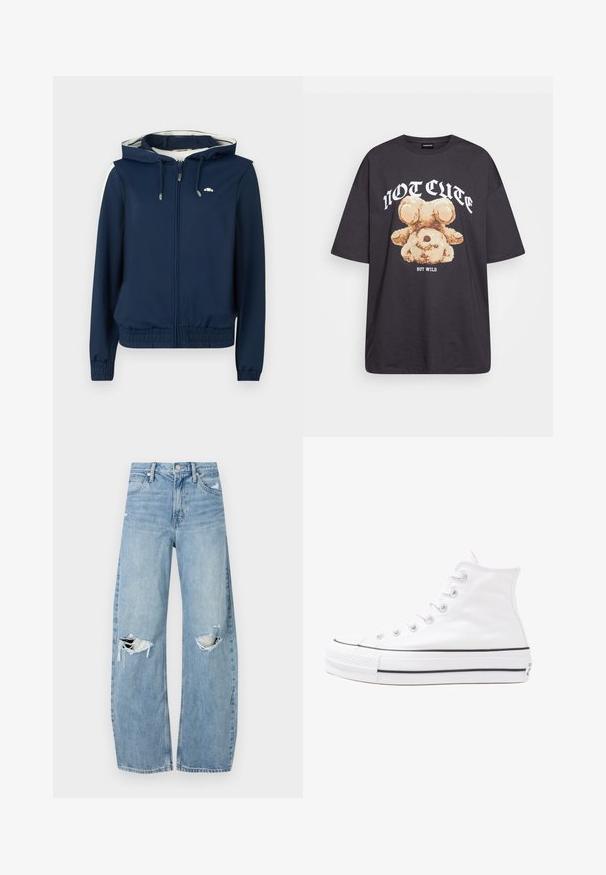 Mörkblå huvtröja med dragkedja framtill, elastisk midja, sidsnören och justerbar dragsko i huvan. Slät tyg, inga mönster.; Svart oversized t-shirt med en grafik av en björn och texten "INTE SÖT MEN VILD" i fet, vit lettering. Tillverkad av bomull.; Ljusblå, högmidjade jeans i denim. Har vida ben, två slitna knäområden och klassisk femfickedesign.; Vit hög topp canvas sneaker med svart gummisulan, framsidan gummitåhätta och sex öglor för snören, med en ren, minimalistisk design.