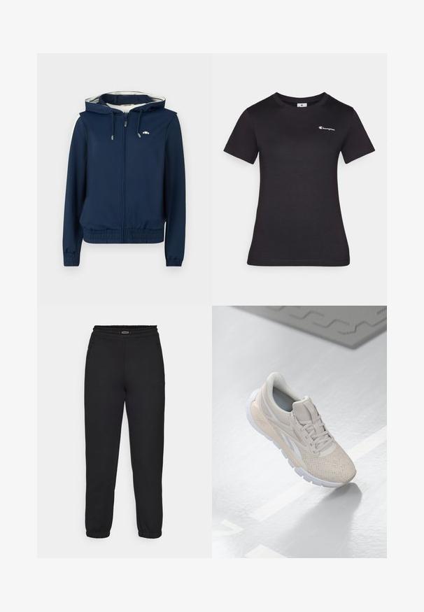 Navyblauer Hoodie-Jacke mit Reißverschluss vorne, elastischem Bund, seitlichen Streifen und verstellbarem Kordelzug an der Kapuze. Glattes Material, keine Muster.; Schwarzes T-Shirt mit kurzen Ärmeln aus Baumwolle, mit einem kleinen gestickten Logo auf der Brust. Klassisches Rundhalsdesign mit weicher Textur.; Champion C-TECH CUFFED PANTS INTERLOCK - Jogginghose - black; Hellbeige Sportschuh mit einem perforierten Obermaterial, strukturierten Akzenten, gepolstertem Schaftrand und weißer Gummisohle, entworfen für Komfort und Atmungsaktivität.
