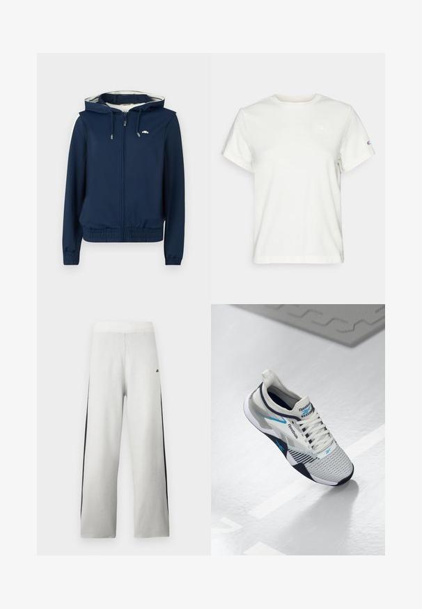 Casaco de capuz azul-marinho com fecho zip, cintura elástica, riscas laterais e capuz ajustável com cordão. Tecido suave, sem padrões.; T-shirt de algodão branco de mangas curtas com um decote redondo e um pequeno logótipo no lado esquerdo do peito. Textura suave e corte padrão.; Calças de moletão cinzentas com um design de perna larga, apresentando uma faixa lateral preta e uma cintura canelada. Feitas de um material suave e texturizado.; Sapatilha desportiva branca com detalhes em cinza, parte superior em malha respirável, sola texturizada, padrão hexagonal e marca Reebok na lateral e na língua.