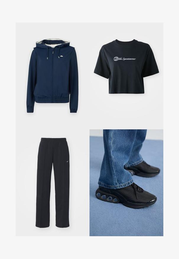 Navyblauer Hoodie-Jacke mit Reißverschluss vorne, elastischem Bund, seitlichen Streifen und verstellbarem Kordelzug an der Kapuze. Glattes Material, keine Muster.; Gekürztes schwarzes Baumwoll-T-Shirt mit kurzen Ärmeln, das weißen Text "Vice Sportswear" und eine runde Grafik auf der Vorderseite zeigt.; Schwarze Nike Jogginghosen mit elastischem Bund und Seitentaschen, versehen mit einem kleinen weißen Logo auf dem linken Bein und einem geraden Schnitt.; Schwarze sportschuhe mit atmungsaktivem Mesh-Obermaterial, strukturierten Akzenten und sichtbaren Luftpolstern in der Sohle. Getragen mit blauen Jeans.