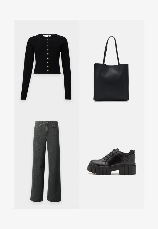 Juodas ribotuotas kardiganas su apvaliu iškirpimu, ilgomis rankovėmis ir priekyje esančiu užsegimu su auksinės spalvos mygtukais. Trumpas dizainas.; Juodas medvilnės marškinėliai trumpomis rankovėmis, su maža rožine drugelio grafika kairėje krūtinės pusėje. Apvalus kaklo iškirpimas, laisvas kirpimas.; Platus džinsai tamsiai pilkoje denimo medžiagoje, su subtiliu zebro rašto tekstūra, kontrastinėmis siūlėmis ir penkių kišenių dizainu su mygtukiniu užsegimu.; Juodi odiniai platformos batai su masyviu blokuota kulniuku, apvalia nosimi ir tradiciniu šnypštimo dizainu. Turintys glotnų paviršių ir minimalų dekoravimą.; Juodas odinis tote krepšys su lygia tekstūra, stačiakampio formos ir dviem ilgais rankenomis. Matomų metalinių detalių ar puošybos nėra.