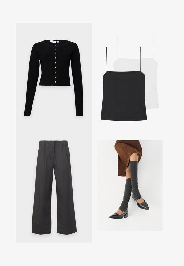Μαύρη ριπ κάρντιγαν με στρογγυλή λαιμόκοψη, μακριά μανίκια και μπροστά με κουμπιά, που διαθέτει χρυσά κουμπιά. Σχεδίαση cropped.; Δύο κορμάκια είναι εμφανή: ένα μαύρο και ένα λευκό. Και τα δύο έχουν λεπτές τιράντες και εφαρμοστή σχεδίαση φτιαγμένη από ένα λείο, ελαστικό ύφασμα.; Μαύρο παντελόνι με φαρδιά γραμμή, διαθέτει ψηλή μέση, μπροστινές πιέτες και διακριτικές τσέπες. Λείος υφασμάτινος ιστός με καθαρή φινέτσα.; Μαύρες πατεν leather γόβες με αιχμηρή μύτη, τετράγωνη φτέρνα και λουράκι αστραγάλου, συνδυασμένες με γκρι ριγέ ζεστά ποδιές και καφέ σουέντ φούστα.