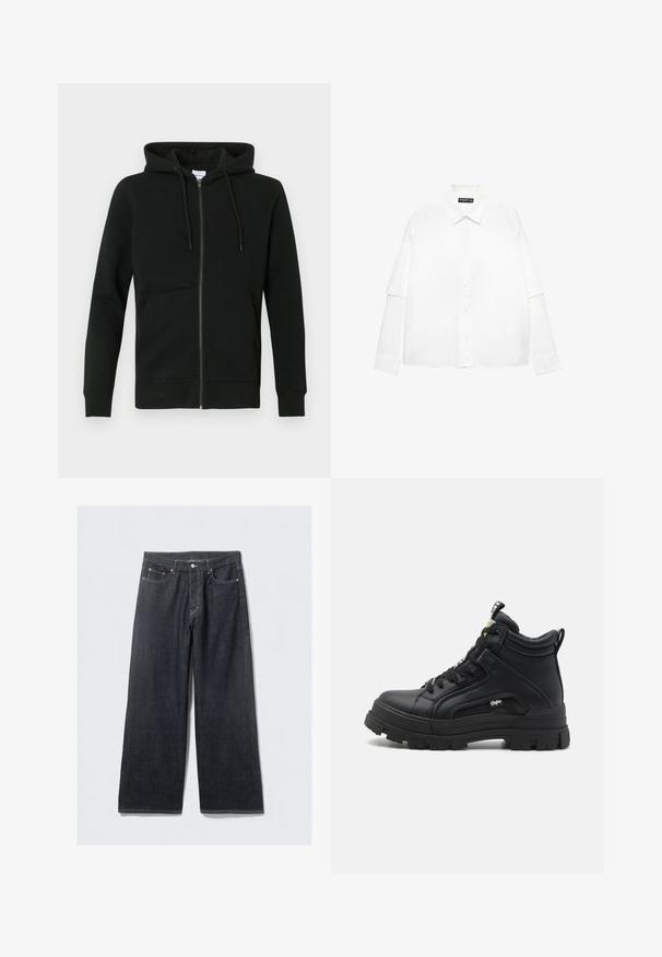 Felpa nera con zip, tasche frontali e cappuccio con coulisse, maniche lunghe e polsini e orlo a coste su uno sfondo neutro.; Camicia bianca a maniche lunghe in cotone con abbottonatura frontale, caratterizzata da un colletto classico e maniche oversize con vestibilità rilassata.; Jeans a gamba larga in denim scuro con vita alta, caratterizzati da rivetti in tonalità rame e cuciture a contrasto, texture liscia e senza motivi visibili.; Calzature nere alte in pelle texturizzata, dotate di una robusta suola in gomma, chiusura con lacci nella parte anteriore e un piccolo dettaglio del logo sul lato.