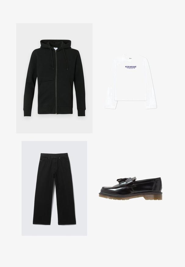 Felpa nera con zip, tasche frontali e cappuccio con coulisse, maniche lunghe e polsini e orlo a coste su uno sfondo neutro.; Maglietta bianca a maniche lunghe con scollatura a girocollo e taglio crop. Testo stampato in viola che recita "RIMANI RIBELLE La normalità è noiosa."; Pantaloni neri a gamba larga realizzati in denim, con un classico design a cinque tasche e una cintura strutturata con passanti per cintura.; Mocassini in vernice nera con un design intrecciato, dettaglio a nappina e una suola in gomma spessa e testurizzata. La vista laterale mette in evidenza la silhouette elegante.