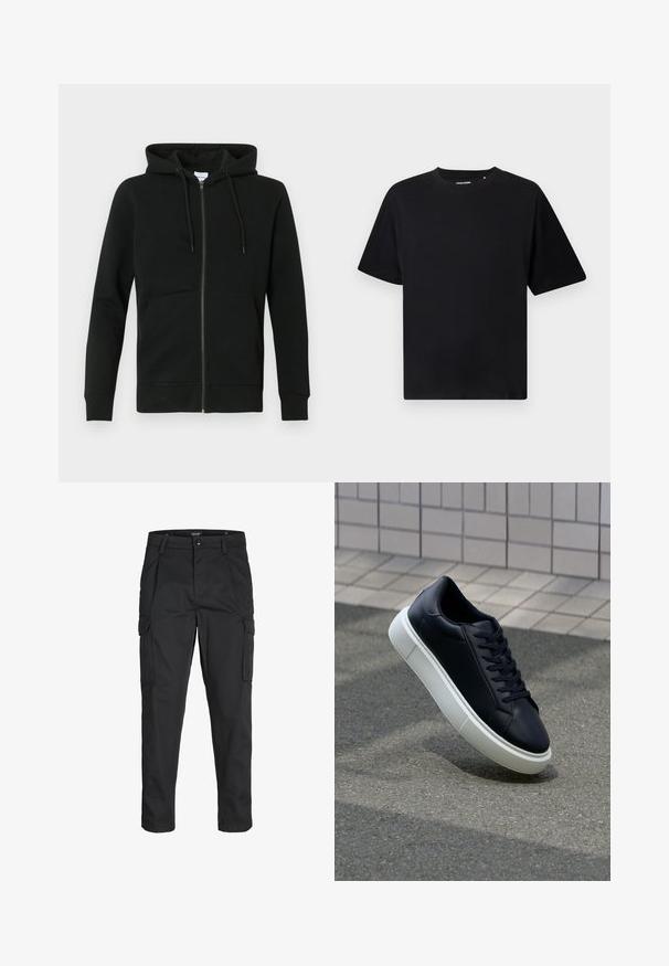Juodas zip-up džemperis su priekinėmis kišenėmis ir raišteliu su kapuce, ilgos rankovės, bei banguoti elastinės juostos kraštai ir hem'as ant vientiso fono.; Juodas trumpas rankovėmis T-marškiniai su apvaliu kaklu, atsipalaidavusio silueto, pristatyti ant baltos fono.; Juodi krovinių tipo džinsai, pagaminti iš tvirto audinio, su keliais kišeniais, mygtuko uždarymu ir siauru, prigludusiu dizainu su siaurėjančiomis kojomis.; Juodas odinis sportbačius su apvaliu pirštu ir baltu gumuotu padu. Turi plokščias raišteles ir minimalų siuvimą viršuje. Padangos tekstūra užtikrina sukibimą.