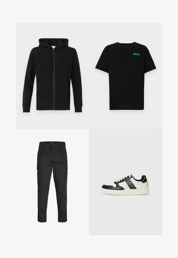 Črna zip-up jopica s sprednjimi žepi in kapuco z vrvico, dolgimi rokavi ter zapenjanjem z rebrastim robom na preprostem ozadju.; Črna majica iz bombaža z kratkimi rokavi. Na sprednji strani ima zeleno logotip "ROOTS", okroglo ovratnico in standardno prileganje.; Črne cargo hlače iz trdnega blaga, ki imajo več žepov, gumbasto zapiranje in ozek kroj z zožanimi nogami.; Usnjeni športni čevlji z črno in krem barvno shemo, ki vključujejo perforirane dodatke, podložen ovratnik in strukturirano podplat.