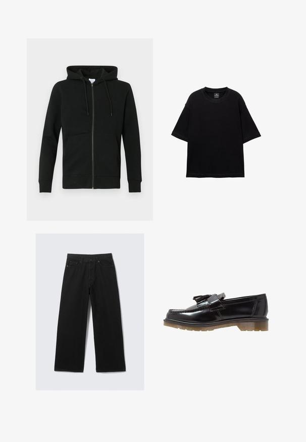 Černá mikina na zip s předními kapsami a stahovací kapucí, dlouhými rukávy a žebrovanými manžetami a lemem na jednobarevném pozadí.; Černé tričko s krátkým rukávem vyrobené z bavlny, s kulatým výstřihem a volným střihem. Hladká textura s minimálními švy.; Černé kalhoty s širokými nohavicemi vyrobené z denimu, s klasickým designem pěti kapes a strukturovaným pasem s poutky na opasek.; Černé lakované kožené mokasíny s pleteným vzorem, ozdobou s třásněmi a robustní, texturovanou gumovou podrážkou. Boční pohled ukazuje elegantní siluetu.