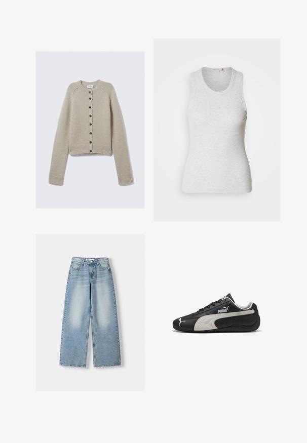 Beige strikket cardigan med lange ærmer, rund hals, ribbede manchetter og kant, samt en central række af sorte knapper. Mærket hedder "WEEKDAY."; Lys grå ribbet tanktop med rund halsudskæring og uden ærmer. Har et tætsiddende design og en diskret logo nær midten. Blød tekstur.; Lysblå denim wide-leg jeans med høj talje, der har en bleg finish, fem lommer og en lige pasform.; Sorte lædersneakers med en struktureret grå ruskindsstripe, prydet med hvide logo-detaljer og snørebåndsdesign, rund tå og gummisål.