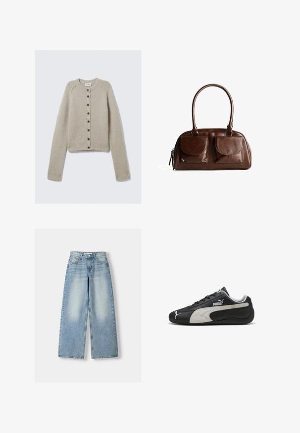 Bež pleteni kardigan s dugim rukavima, okruglim izrezom, rebrastim manžetama i rubom, te središnjim redom crnih gumba. Etiketa glasi "WEEKDAY."; Svijetlosiva rebrasta majica bez rukava s okruglim izrezom. Ima prilagođeni kroj i suptilni logo blizu središta. Mekana tekstura.; Svijetloplavi traper hlače širokih nogavica s visokim strukom, s izbljeđelim završetkom, pet džepova i ravnim krojem.; Crne kožne tenisice s teksturiranom sivom nubuk trakom, s bijelim logotipima, vezanjem, zaobljenim vrhom i gumenenim potplatom.; Smeđa kožna torba s dva prednja džepa s preklopom, okruglim drškama i patentnim zatvaračem sa strane na bijeloj pozadini.