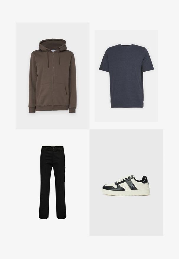 Only & Sons ONSCERES LIFE HOODIE - Kapucnis pulóver - major brown; Sötétkék, kerek nyakú póló, puha pamut keverék anyagból készült, rövid ujjú és normál szabású. Nincsenek látható minták vagy díszítések.; Fekete vászon cargo nadrág egyenes szabással, oldzsebbe, gombos záródással és diszkrét varrási részletekkel.; Fekete és krém színű bőrsneaker, perforált díszítésekkel, párnázott bokapánttal és texturált talppal.