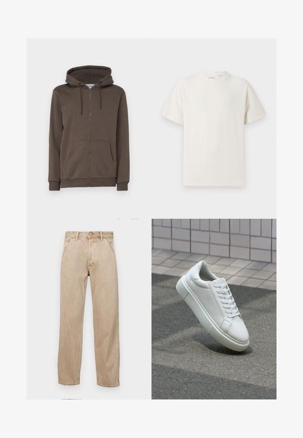 Only & Sons ONSCERES LIFE HOODIE - Mikina s kapucňou - major brown; Biela krátka tričko s krátkym rukávom so žebrovanou textúrou. Okrúhly výstrih, uvoľnený strih, žiadne viditeľné vzory ani akcenty. Jednoduchý a všestranný dizajn.; Bežové denimové rifle so strihom rovného nohu, s prednými vreckami, kovovým zapínaním na gombík a jemnou textúrou.; Biele kožené tenisky s hladkým povrchom, okrúhlym špičkou a plochými bielymi šnúrkami. Obsahuje štruktúrovanú gumovú podrážku a minimalistický dizajn.