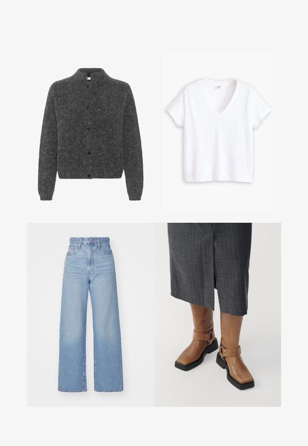 Grå, fuzzy cardigan med oppreist krage, med knapplukking og lange ermer. Laget av mykt materiale med en teksturert overflate.; Hvit bomulls t-skjorte med v-hals, korte ermer og rett søm. Myk tekstur, minimalistisk design, ingen mønstre eller detaljer.; Lys blå høytlivs vide jeans med knapp- og glidelås lukking foran, foran og bak lommer, på en hvit bakgrunn.; Brune lær knee-high støvler med firkantet tå, sort gummisål og justerbare spænde detaljer. Båret med en grå stribet nederdel.