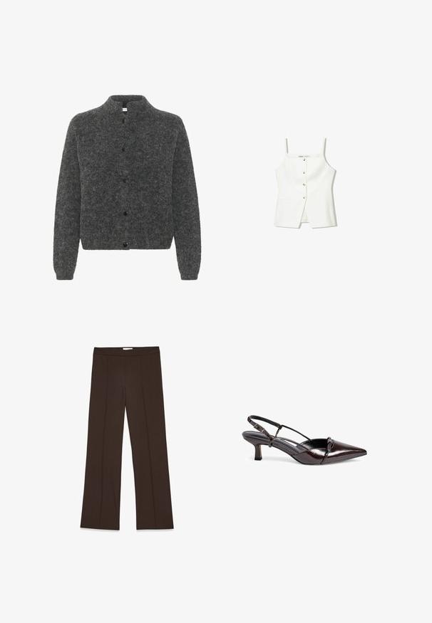 Gray, fuzzy cardigan with a stand-up collar, featuring a button front and long sleeves. Made from soft material with a textured finish.; White sleeveless top featuring a button front, side pockets, and a fitted design with a slightly flared hem. Smooth texture, minimal detailing.; Brown, wide-leg trousers made of smooth fabric; features front pleats and a standard waistband. Minimalist design with no visible fasteners.; Brown patent leather slingback pump with a pointed toe, small block heel, cross-strap design, and decorative bow detail on the front.