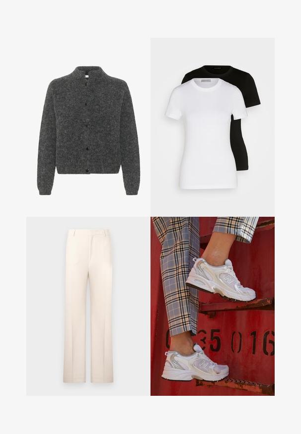 Šedý, chlpatej kardigán s stojatým golierom, so zapínaním na gombíky a dlhými rukávmi. Vyrobený z mäkkého materiálu s textúrovaným povrchom.; Dvoje tričiek s krátkym rukávom v čiernej a bielej farbe. Vyrobené z hladkej bavlny, s klasickým okrúhlym výstrihom a bežným strihom.; Bežové nohavice na mieru so strihom rovného nohavicu, vyrobené z ľahkého materiálu. Obsahujú predné záhyby a klasický pás.; Biele sieťkové tenisky so striebornými detailmi a textúrovanou podrážkou, umiestnené na červenom povrchu, v kombinácii s károvanými nohavicami.