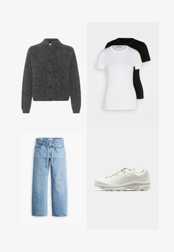 Sivi, dlačasti kardigan s uspravnim ovratnikom, s prednjim gumbima i dugim rukavima. Izrađen od mekog materijala s teksturiranim završetkom.; Dvije majice kratkih rukava u crnoj i bijeloj boji. Izrađene od glatkog pamuka, imaju klasičan okrugli izrez i regularan kroj.; Svijetloplavi traper široki traperice s visokim strukom, kopčanjem na gumb i zatvaračem te detaljem s vezicom u struku. Sirovi rub.; Bijele trkaće cipele s prozračnom mrežastom gornjom dijelom, teksturiranim akcentima i podstavljenim đonom. Imaju sustav brzog vezivanja za lako prilagođavanje.