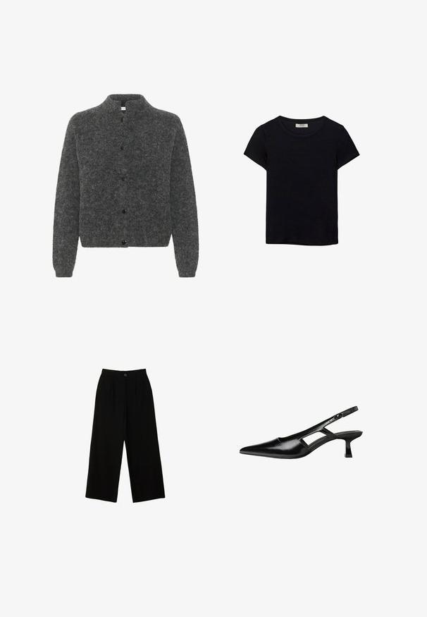 Szary, puszysty kardigan z stójką, z przodem na guziki i długimi rękawami. Wykonany z miękkiego materiału o teksturowanym wykończeniu.; Czarna koszulka z krótkim rękawem, wykonana z miękkiego materiału. Posiada klasyczny okrągły dekolt i luźny krój. Brak widocznych wzorów lub akcentów.; Czarne spodnie szerokie w nogawkach, wykonane z gładkiego materiału, z wysokim stanem, przednimi plisami i jednym zapięciem na guzik na górze.; Czarne lakierowane czółenka na odkrytej pięcie z wąskim noskiem, z wykrojem po bokach i małym kwadratowym obcasem. Gładka faktura z minimalnymi akcentami.