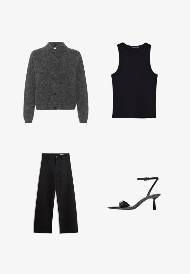 Cardigan grigio e peloso con colletto alto, dotato di chiusura con bottoni e maniche lunghe. Realizzato in materiale morbido con una finitura testurizzata.; Canotta nera in cotone, caratterizzata da un colletto rotondo e ampi giromanica. Texture liscia con orli cuciti. Design classico e minimalista.; Pantaloni in denim neri a gamba larga con vita alta, dotati di tasche anteriori e posteriori, cuciture a punto, e chiusura con bottone. Texture liscia.; Bershka Sandali con tacco - black