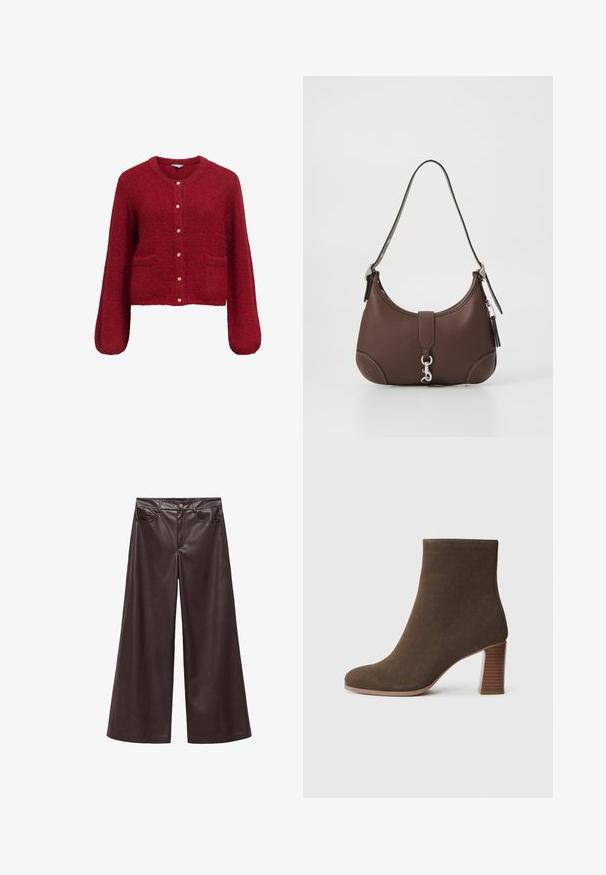 Rdeča, skrajšana jakna z dolgimi rokavi, narejena iz mehkega, teksturiranega materiala. Ima gumbno zapiranje z zlatimi detajli in dve sprednji žepi.; Dolgi rokav srajca iz temno rjave tkanine s koničastim ovratnikom, sprednjim zapiranjem na gumbe in ravnim robom. Gladka tekstura in sproščen kroj.; Rjave hlače širokega kroja iz umetnega usnja z visokim pasom, opremljene s sprednjimi žepi in klasičnim gumbom za zapiranje. Gladka tekstura in mat zaključek.; Rjave semiš gležnjarji z zaobljenim nosom in nagubanem, teksturiranem petam. Gladka zunanjost brez vidnih zakovic ali okraskov.; Rjava usnjena torbica za roke z zaobljeno obliko, srebrnimi dodatki in okrasnim šivanjem. Ima naramnico in zaponko za zapiranje.
