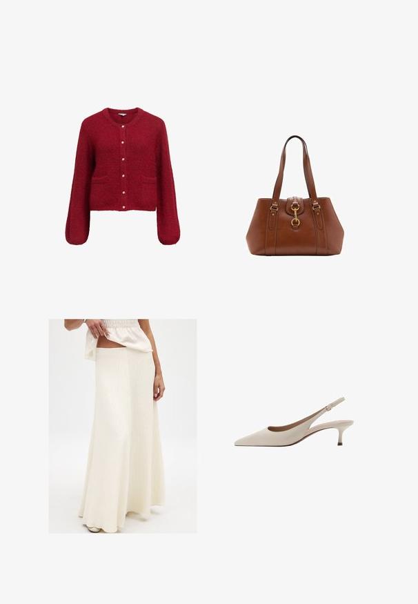 Rode, gekorte cardigan met lange mouwen, gemaakt van zacht, gestructureerd materiaal. Voorzien van een knoopsluiting met gouden accenten en twee frontzakken.; Geel katoenen shirt met een puntkraag, knoopsluiting aan de voorkant, lange mouwen en een comfortabele pasvorm. Gladde textuur en eenvoudig ontwerp.; Crème, lange maxi rok met een getextureerde afwerking. Beschikt over een getailleerde taille en een vloeiende silhouet, gecombineerd met een losse, levendige top.; Beige slingback hakken met een puntige neus en een lage, uitlopende hak. Gemaakt van glad leer met een minimalistisch ontwerp en een verstelbare band.; Bruine leren handtas met dubbele banden, een afgeronde vorm, gouden hardware en een centrale sluiting. Gladde textuur met gestikte accenten.