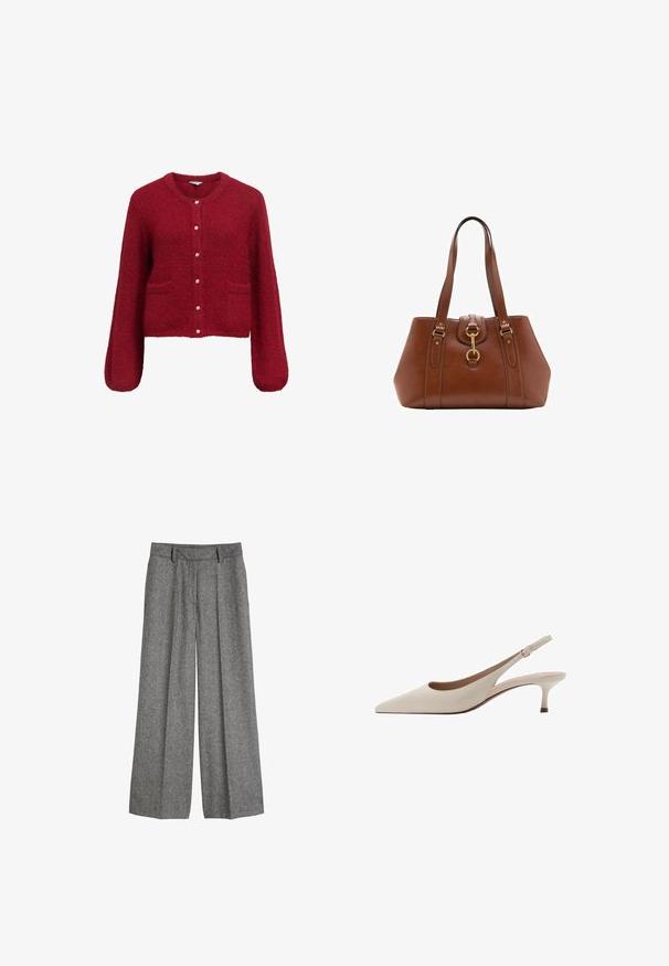 Red, cropped cardigan with long sleeves, made of soft, textured material. Features button closure with gold accents and two front pockets.; Yellow cotton shirt with a pointed collar, front button closure, long sleeves, and a relaxed fit. Smooth texture and simple design.; Grey woolen wide-leg trousers with belt loops and front pleats, designed for a relaxed, tailored fit.; Beige slingback heels with a pointed toe and a low, flared heel. Made from smooth leather with a minimalistic design and adjustable strap.; Brown leather handbag with a structured shape, gold hardware accents, double shoulder straps, and a decorative buckle detail at the center.