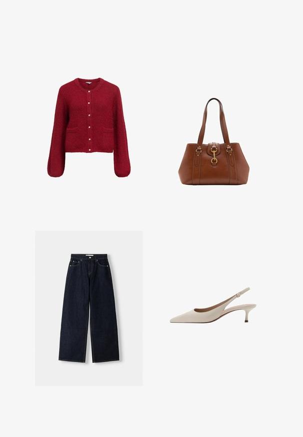 Cardigan rosso, corto, con maniche lunghe, realizzato in un materiale morbido e texture. Caratterizzato da chiusura a bottoni con dettagli dorati e due tasche frontali.; Camicia di cotone gialla con colletto a punta, chiusura frontale con bottoni, maniche lunghe e vestibilità comoda. Tessuto liscio e design semplice.; Jeans a gamba larga in denim blu scuro con vita alta, cinque tasche, cuciture a contrasto e hardware in metallo argentato. Texture liscia e finitura pulita.; Tacchi slingback beige con punta affusolata e tacco basso a campana. Realizzati in pelle liscia con un design minimalista e cinturino regolabile.; Borsa a tracolla in pelle marrone con doppie cinghie, forma arrotondata, accessori in oro e un dettaglio con fibbia centrale. Texture liscia con rifiniture cucite.