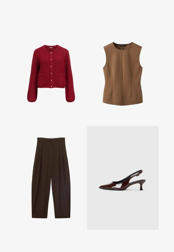 Cardigan rosso, corto, con maniche lunghe, realizzato in un materiale morbido e texture. Caratterizzato da chiusura a bottoni con dettagli dorati e due tasche frontali.; Top marrone senza maniche realizzato in tessuto testurizzato, con scollatura rotonda e due pieghe verticali sul davanti. Design semplice e aderente.; Pantaloni marroni a vita alta con pieghe, realizzati in tessuto morbido. Vestibilità ampia, design a gamba dritta, dotati di passanti per cintura e chiusura con zip.; Scarpa slingback in pelle verniciata marrone con punta affusolata e tacco moderato. Presenta una fascia con fibbia per una calzata sicura. Tessuto liscio.